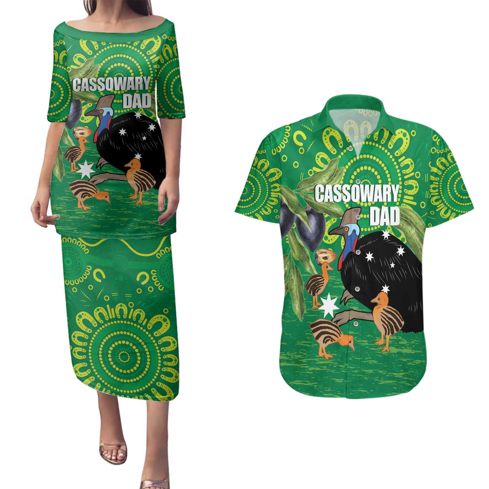 Personalised Australia Father's Day Couples Matching Puletasi and Hawaiian Shirt Cassowary Dad Cerbera Floribunda Aboriginal Art