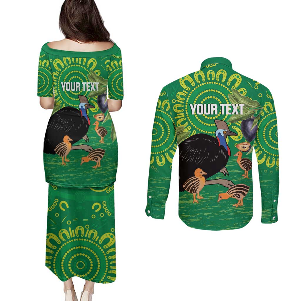 Personalised Australia Father's Day Couples Matching Puletasi and Long Sleeve Button Shirt Cassowary Dad Cerbera Floribunda Aboriginal Art
