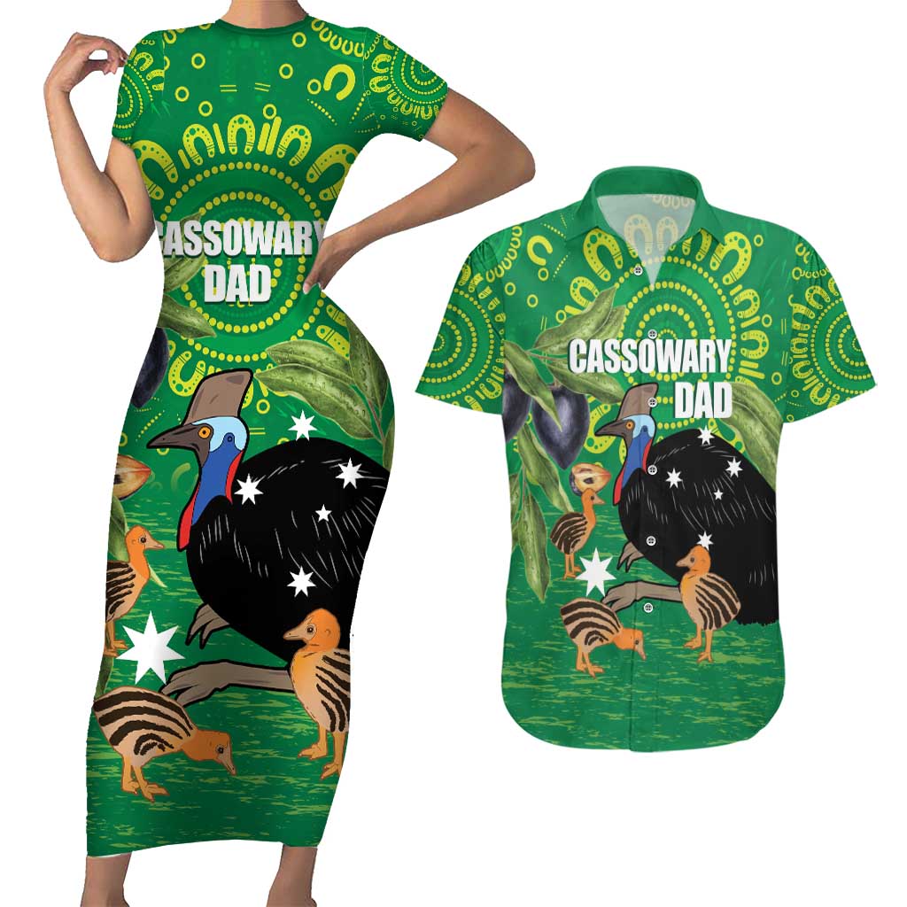 Personalised Australia Father's Day Couples Matching Short Sleeve Bodycon Dress and Hawaiian Shirt Cassowary Dad Cerbera Floribunda Aboriginal Art