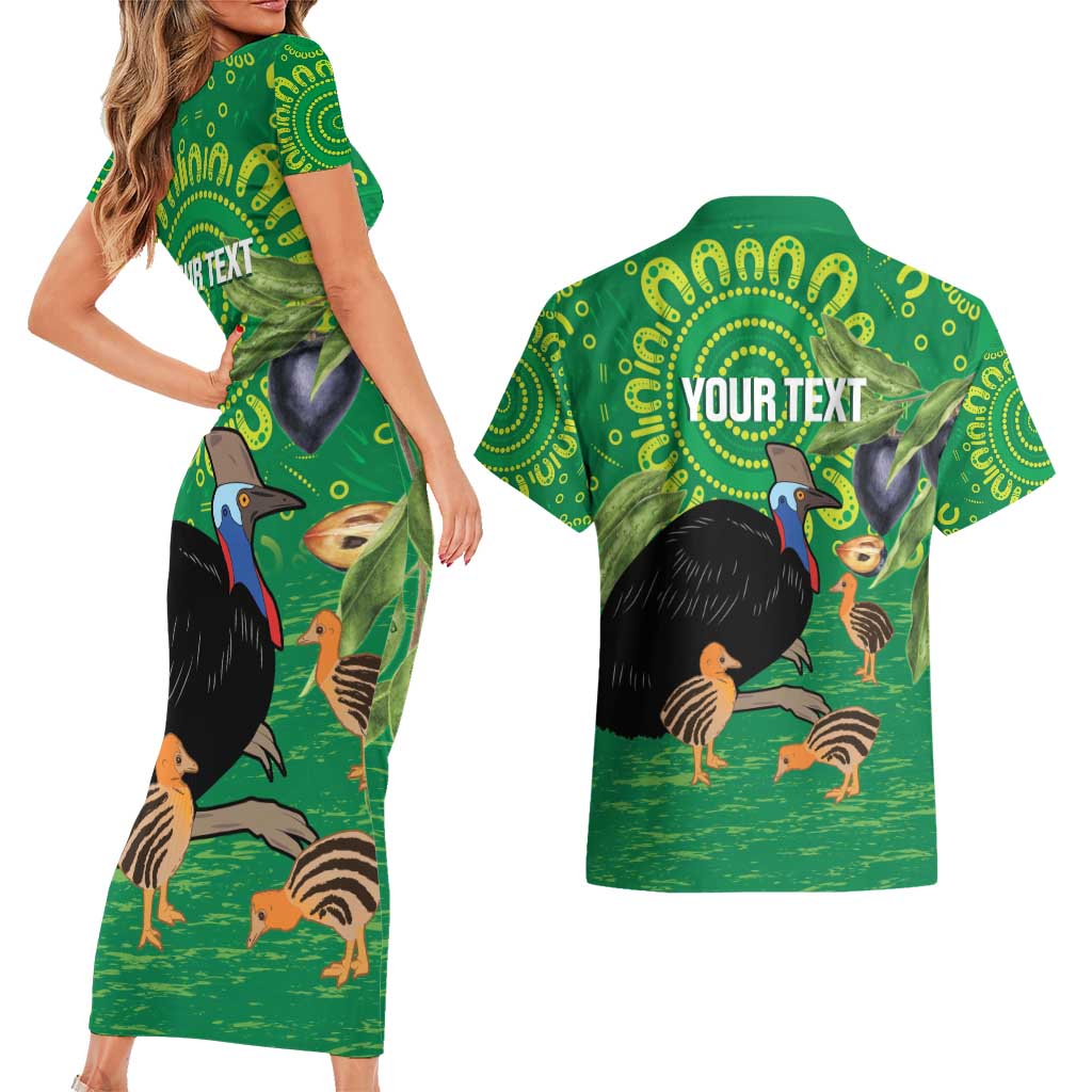 Personalised Australia Father's Day Couples Matching Short Sleeve Bodycon Dress and Hawaiian Shirt Cassowary Dad Cerbera Floribunda Aboriginal Art