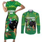 Personalised Australia Father's Day Couples Matching Short Sleeve Bodycon Dress and Long Sleeve Button Shirt Cassowary Dad Cerbera Floribunda Aboriginal Art