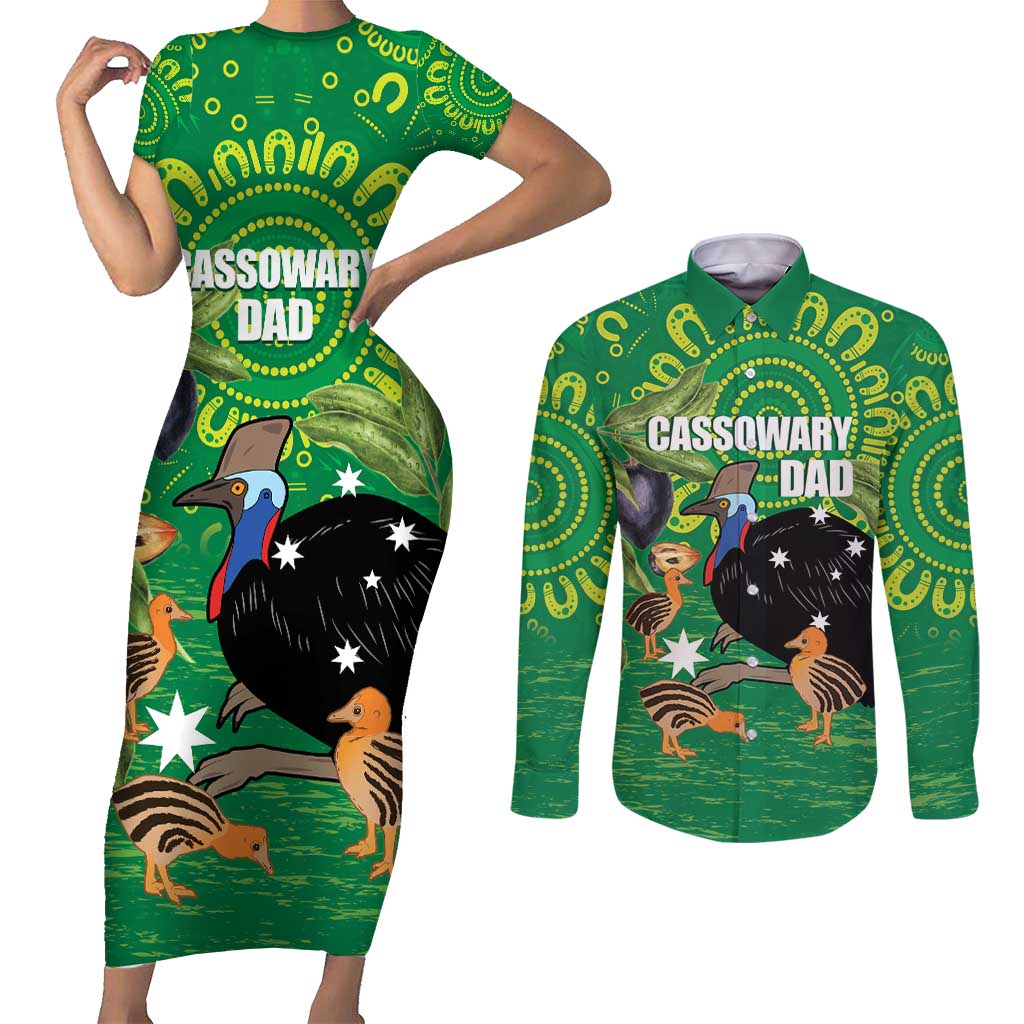 Personalised Australia Father's Day Couples Matching Short Sleeve Bodycon Dress and Long Sleeve Button Shirt Cassowary Dad Cerbera Floribunda Aboriginal Art