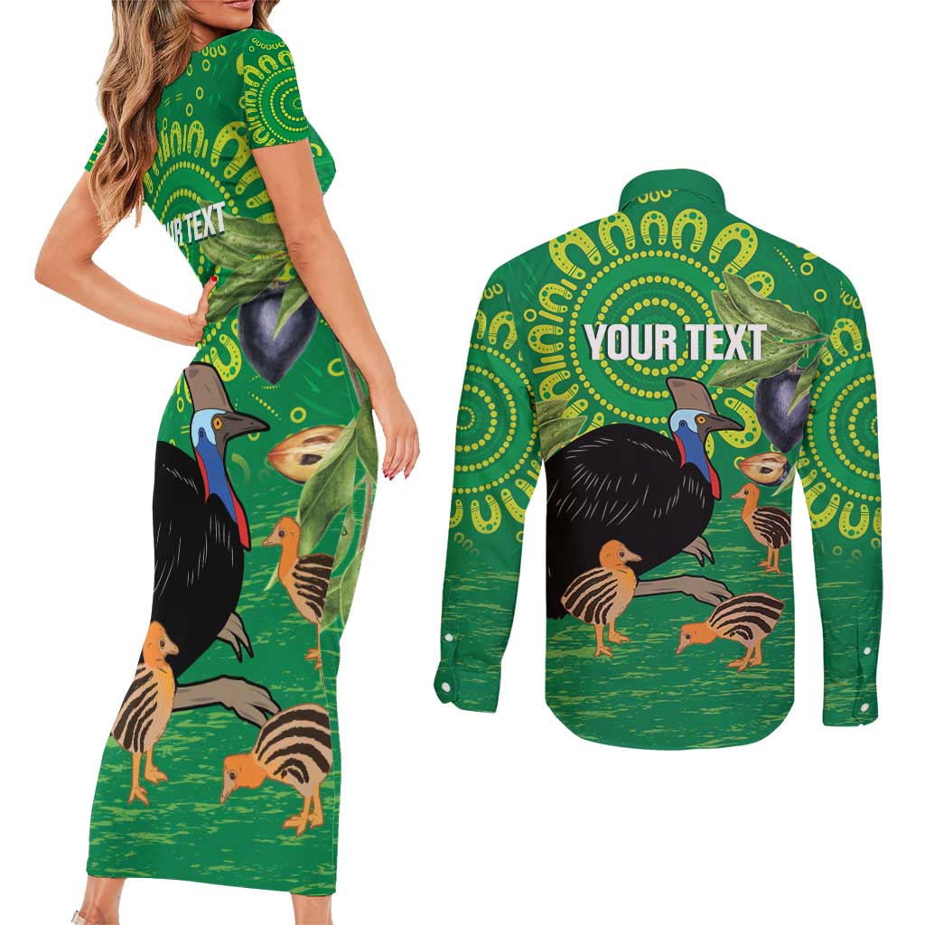 Personalised Australia Father's Day Couples Matching Short Sleeve Bodycon Dress and Long Sleeve Button Shirt Cassowary Dad Cerbera Floribunda Aboriginal Art