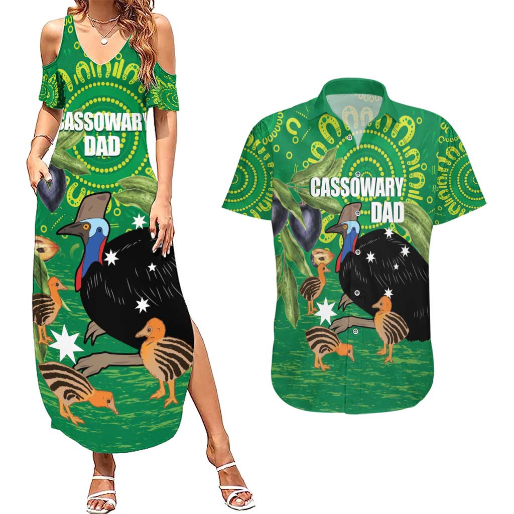 Personalised Australia Father's Day Couples Matching Summer Maxi Dress and Hawaiian Shirt Cassowary Dad Cerbera Floribunda Aboriginal Art