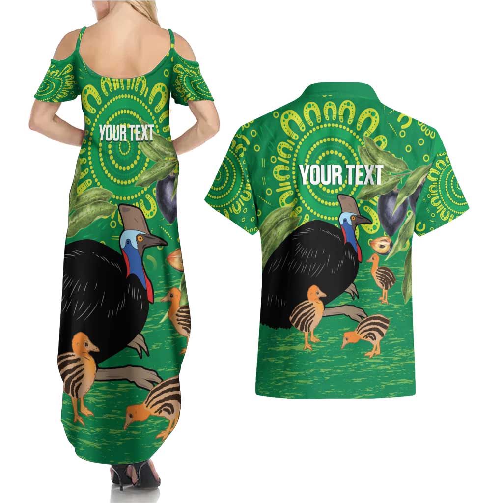 Personalised Australia Father's Day Couples Matching Summer Maxi Dress and Hawaiian Shirt Cassowary Dad Cerbera Floribunda Aboriginal Art