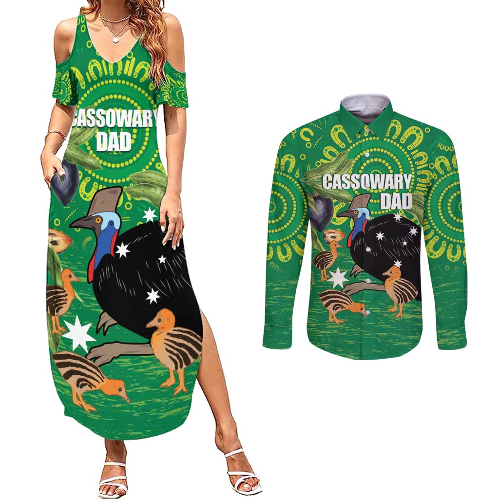 Personalised Australia Father's Day Couples Matching Summer Maxi Dress and Long Sleeve Button Shirt Cassowary Dad Cerbera Floribunda Aboriginal Art