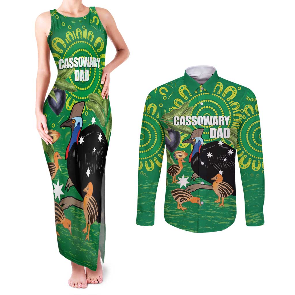 Personalised Australia Father's Day Couples Matching Tank Maxi Dress and Long Sleeve Button Shirt Cassowary Dad Cerbera Floribunda Aboriginal Art