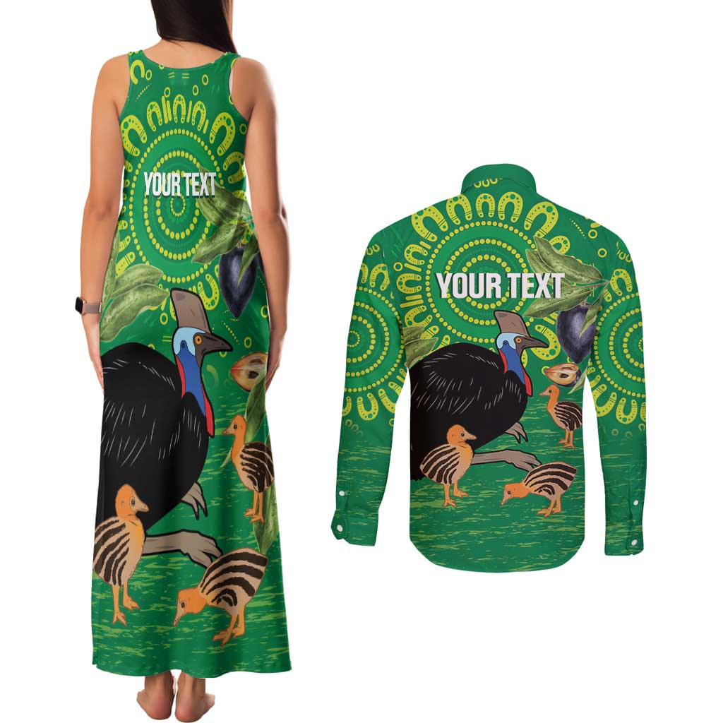 Personalised Australia Father's Day Couples Matching Tank Maxi Dress and Long Sleeve Button Shirt Cassowary Dad Cerbera Floribunda Aboriginal Art