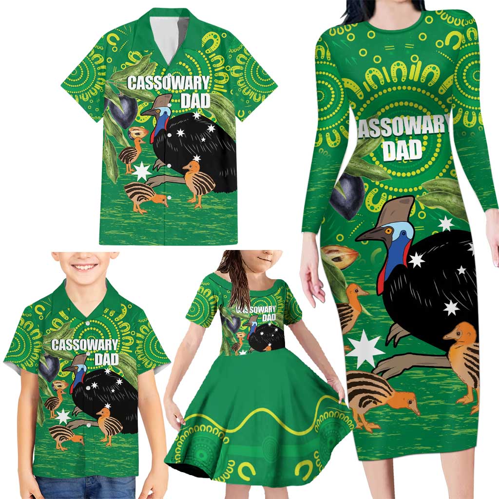 Personalised Australia Father's Day Family Matching Long Sleeve Bodycon Dress and Hawaiian Shirt Cassowary Dad Cerbera Floribunda Aboriginal Art
