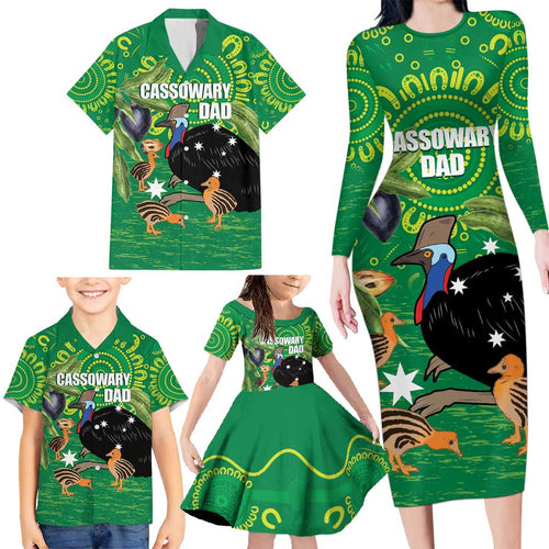 Personalised Australia Father's Day Family Matching Long Sleeve Bodycon Dress and Hawaiian Shirt Cassowary Dad Cerbera Floribunda Aboriginal Art