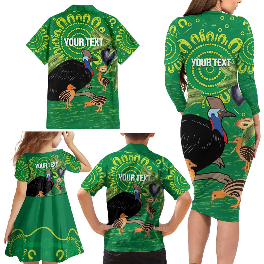 Personalised Australia Father's Day Family Matching Long Sleeve Bodycon Dress and Hawaiian Shirt Cassowary Dad Cerbera Floribunda Aboriginal Art