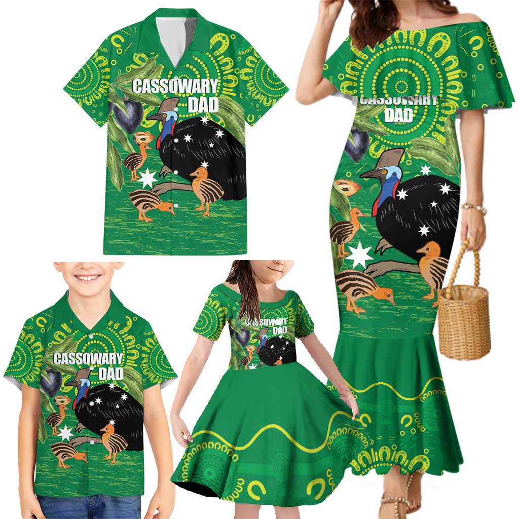 Personalised Australia Father's Day Family Matching Mermaid Dress and Hawaiian Shirt Cassowary Dad Cerbera Floribunda Aboriginal Art
