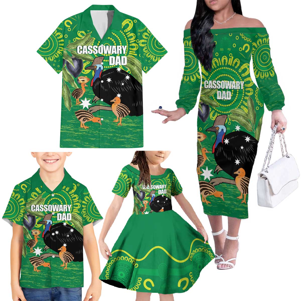Personalised Australia Father's Day Family Matching Off The Shoulder Long Sleeve Dress and Hawaiian Shirt Cassowary Dad Cerbera Floribunda Aboriginal Art