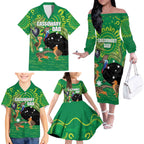 Personalised Australia Father's Day Family Matching Off The Shoulder Long Sleeve Dress and Hawaiian Shirt Cassowary Dad Cerbera Floribunda Aboriginal Art