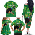 Personalised Australia Father's Day Family Matching Off The Shoulder Long Sleeve Dress and Hawaiian Shirt Cassowary Dad Cerbera Floribunda Aboriginal Art