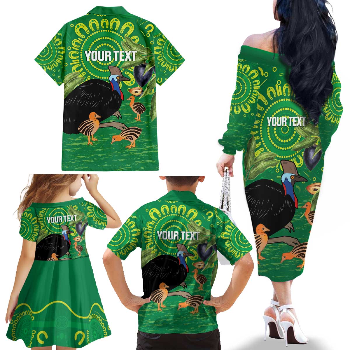 Personalised Australia Father's Day Family Matching Off The Shoulder Long Sleeve Dress and Hawaiian Shirt Cassowary Dad Cerbera Floribunda Aboriginal Art