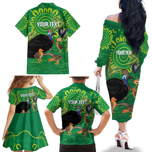 Personalised Australia Father's Day Family Matching Off The Shoulder Long Sleeve Dress and Hawaiian Shirt Cassowary Dad Cerbera Floribunda Aboriginal Art