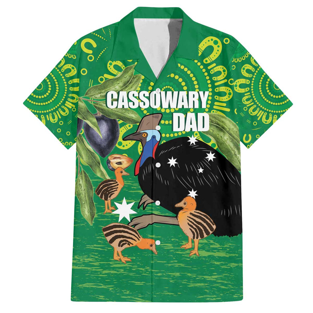Personalised Australia Father's Day Family Matching Off The Shoulder Long Sleeve Dress and Hawaiian Shirt Cassowary Dad Cerbera Floribunda Aboriginal Art