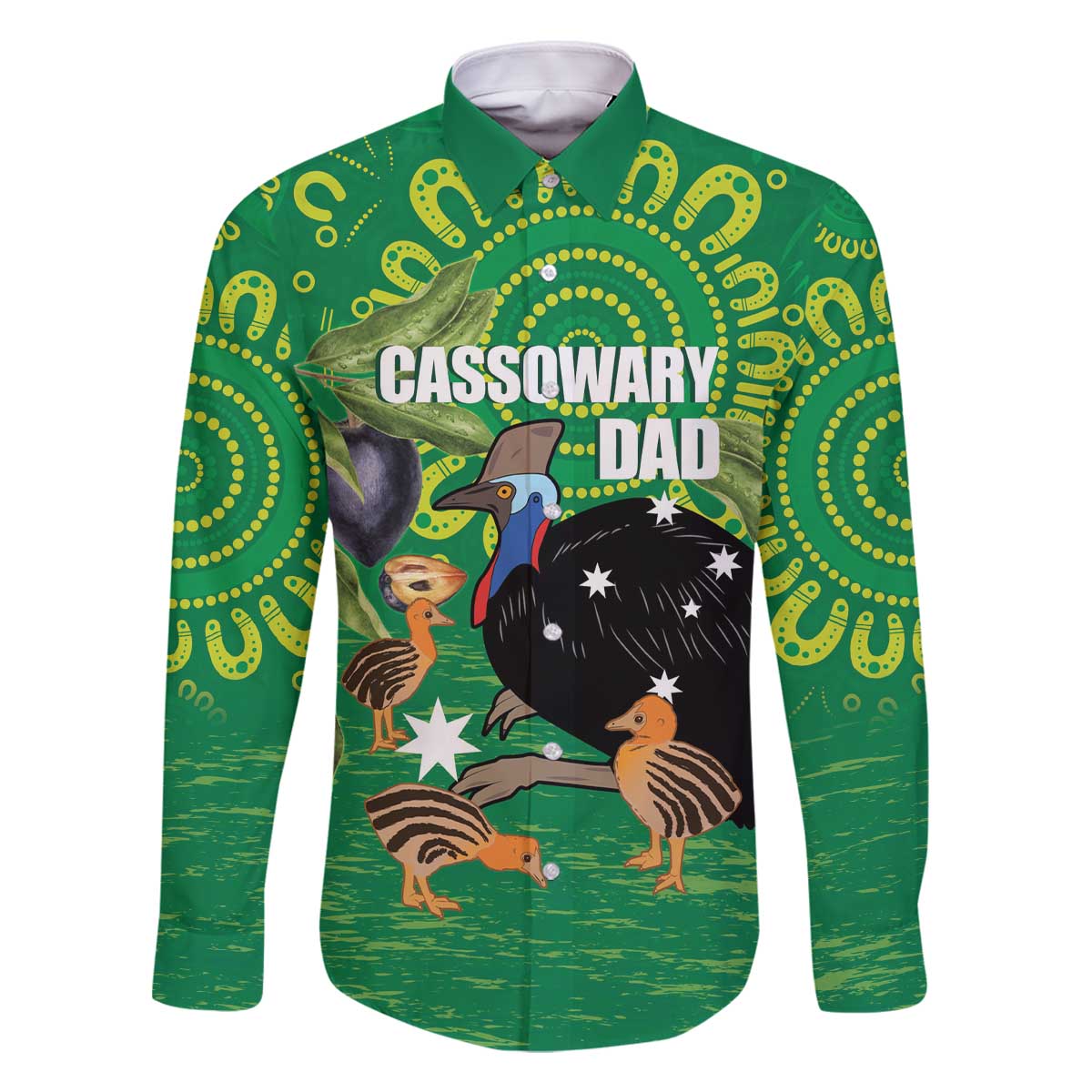 Personalised Australia Father's Day Family Matching Off The Shoulder Long Sleeve Dress and Hawaiian Shirt Cassowary Dad Cerbera Floribunda Aboriginal Art