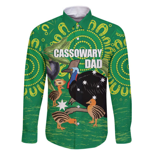Personalised Australia Father's Day Family Matching Off The Shoulder Long Sleeve Dress and Hawaiian Shirt Cassowary Dad Cerbera Floribunda Aboriginal Art