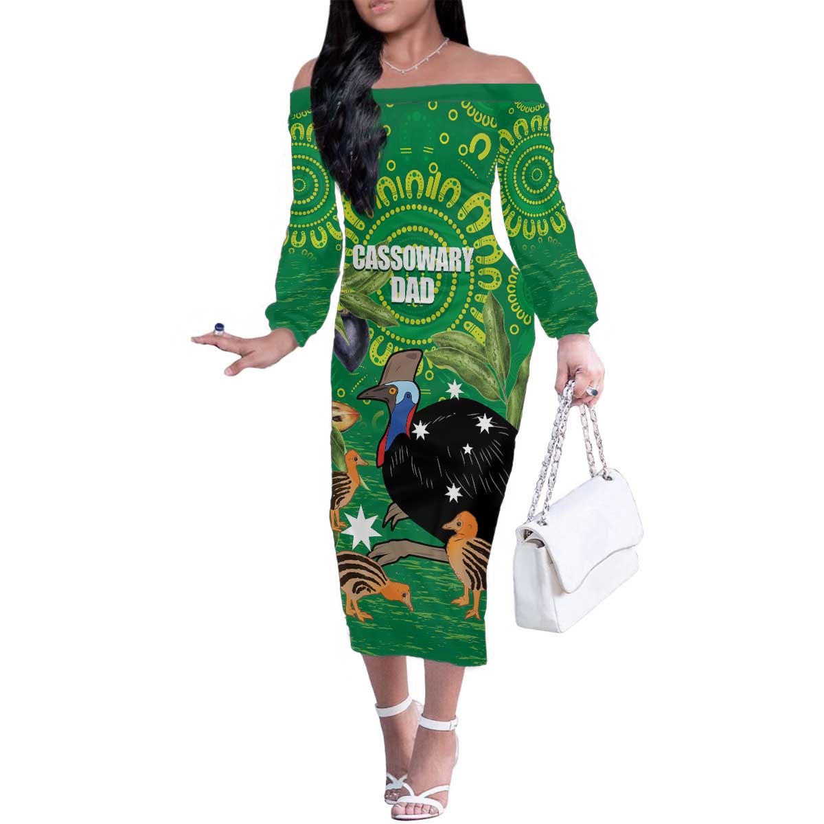 Personalised Australia Father's Day Family Matching Off The Shoulder Long Sleeve Dress and Hawaiian Shirt Cassowary Dad Cerbera Floribunda Aboriginal Art