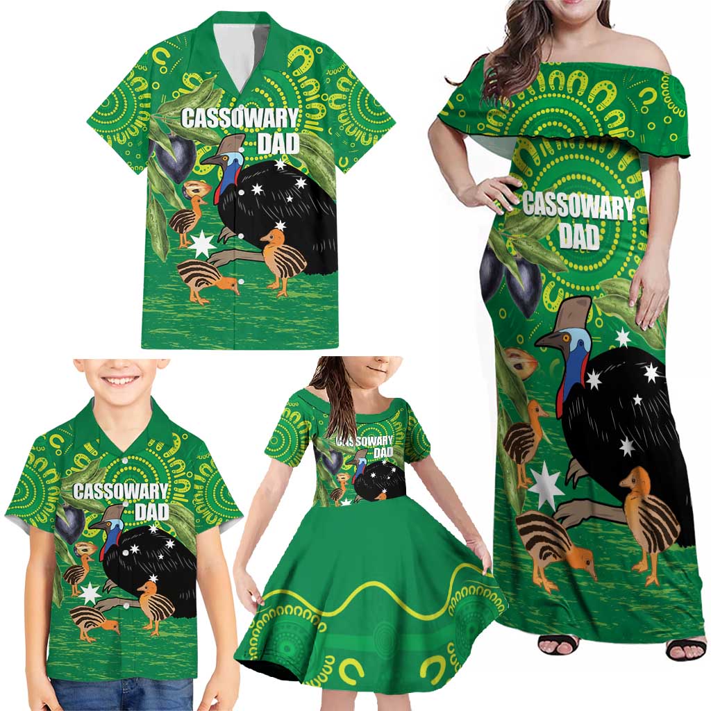 Personalised Australia Father's Day Family Matching Off Shoulder Maxi Dress and Hawaiian Shirt Cassowary Dad Cerbera Floribunda Aboriginal Art