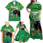 Personalised Australia Father's Day Family Matching Off Shoulder Maxi Dress and Hawaiian Shirt Cassowary Dad Cerbera Floribunda Aboriginal Art