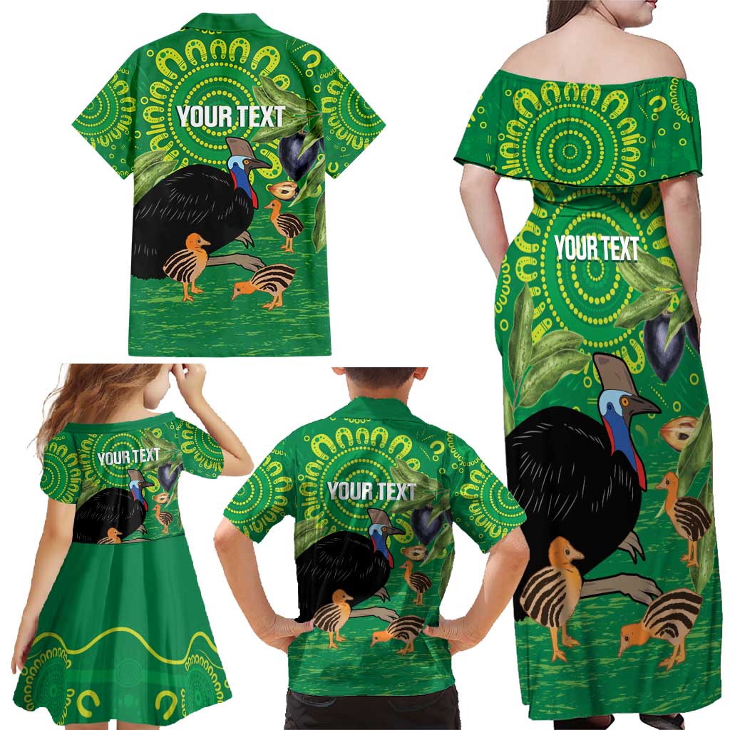 Personalised Australia Father's Day Family Matching Off Shoulder Maxi Dress and Hawaiian Shirt Cassowary Dad Cerbera Floribunda Aboriginal Art