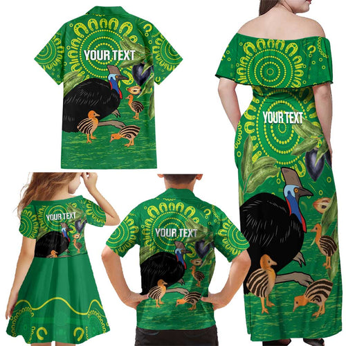 Personalised Australia Father's Day Family Matching Off Shoulder Maxi Dress and Hawaiian Shirt Cassowary Dad Cerbera Floribunda Aboriginal Art