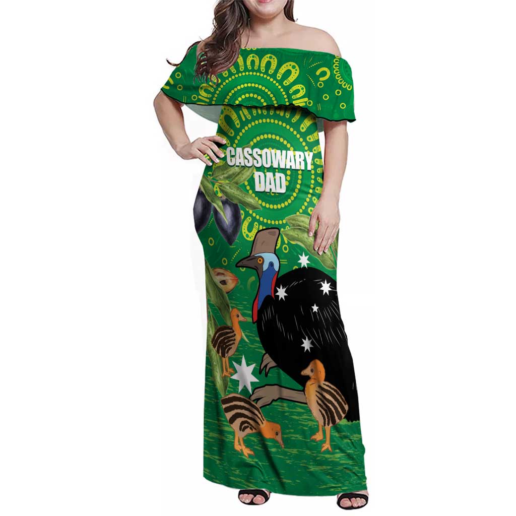 Personalised Australia Father's Day Family Matching Off Shoulder Maxi Dress and Hawaiian Shirt Cassowary Dad Cerbera Floribunda Aboriginal Art