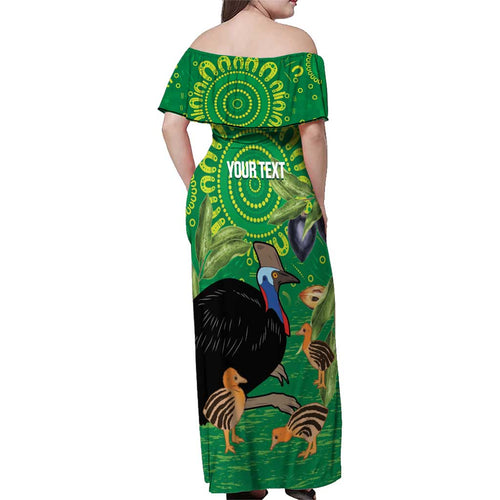 Personalised Australia Father's Day Family Matching Off Shoulder Maxi Dress and Hawaiian Shirt Cassowary Dad Cerbera Floribunda Aboriginal Art