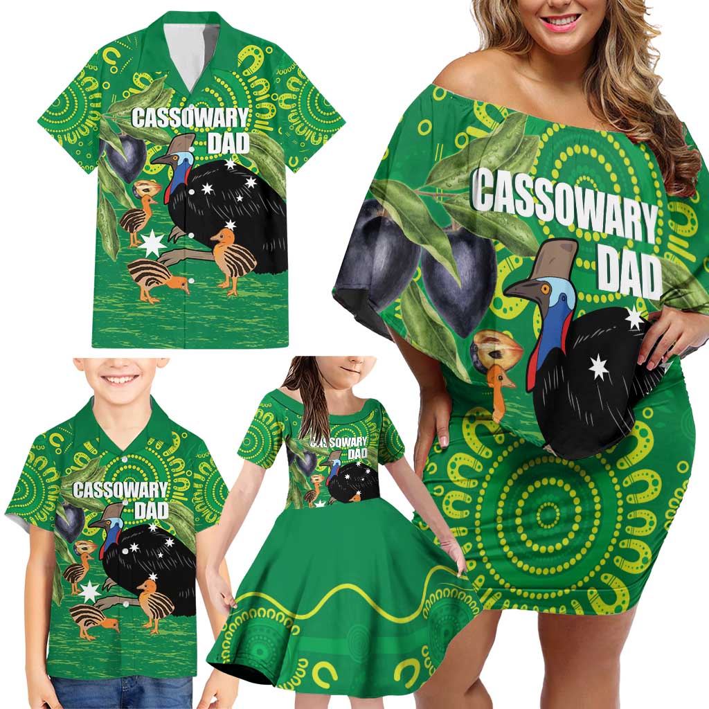 Personalised Australia Father's Day Family Matching Off Shoulder Short Dress and Hawaiian Shirt Cassowary Dad Cerbera Floribunda Aboriginal Art