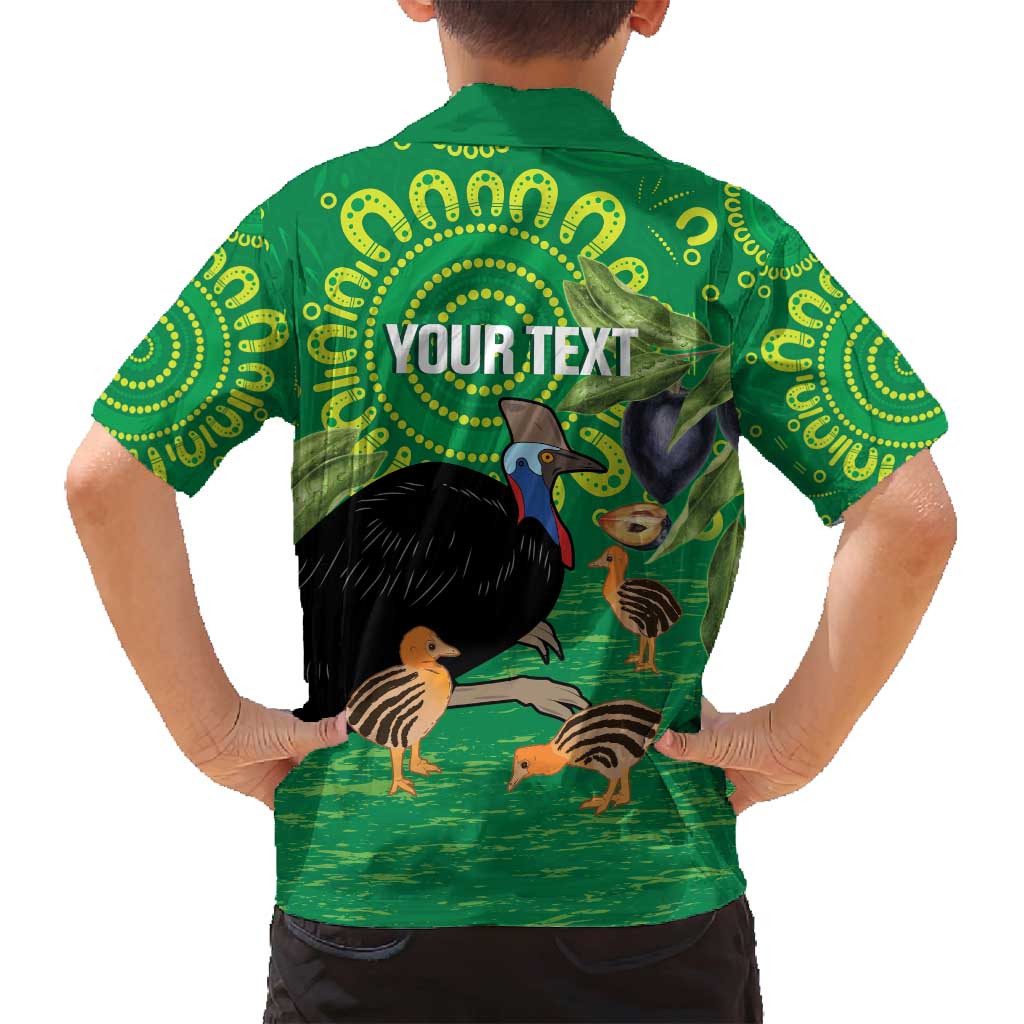 Personalised Australia Father's Day Family Matching Off Shoulder Short Dress and Hawaiian Shirt Cassowary Dad Cerbera Floribunda Aboriginal Art