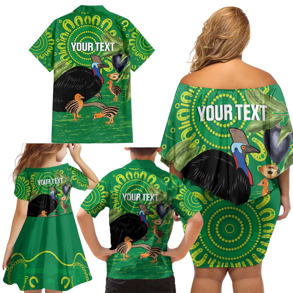 Personalised Australia Father's Day Family Matching Off Shoulder Short Dress and Hawaiian Shirt Cassowary Dad Cerbera Floribunda Aboriginal Art