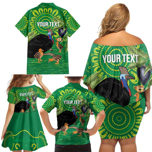 Personalised Australia Father's Day Family Matching Off Shoulder Short Dress and Hawaiian Shirt Cassowary Dad Cerbera Floribunda Aboriginal Art