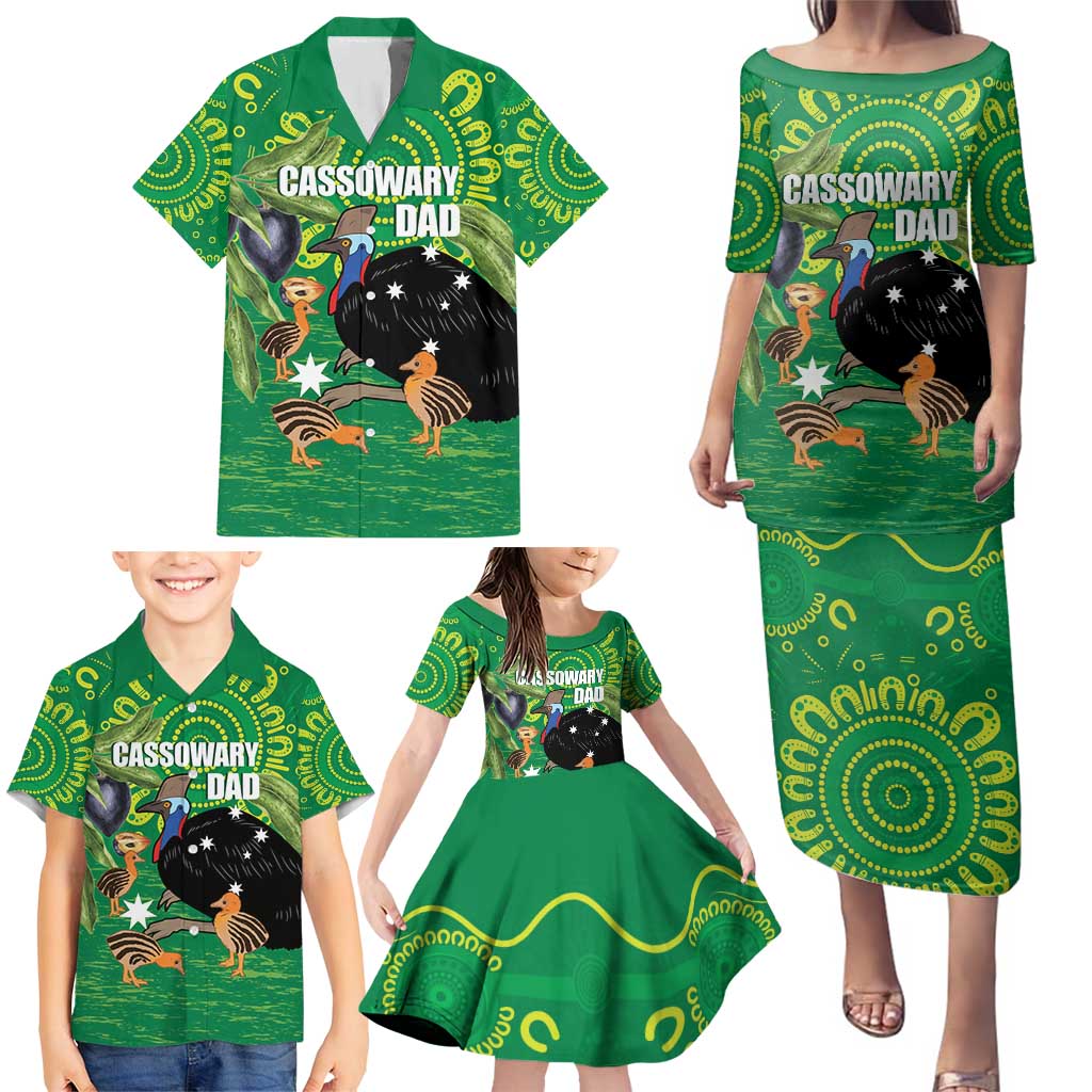 Personalised Australia Father's Day Family Matching Puletasi and Hawaiian Shirt Cassowary Dad Cerbera Floribunda Aboriginal Art