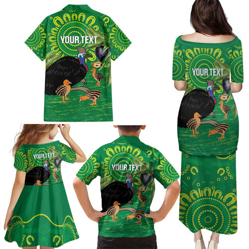 Personalised Australia Father's Day Family Matching Puletasi and Hawaiian Shirt Cassowary Dad Cerbera Floribunda Aboriginal Art