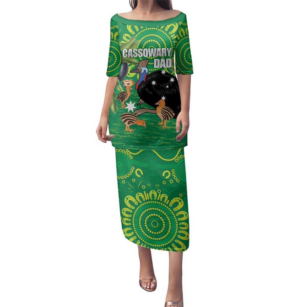 Personalised Australia Father's Day Family Matching Puletasi and Hawaiian Shirt Cassowary Dad Cerbera Floribunda Aboriginal Art