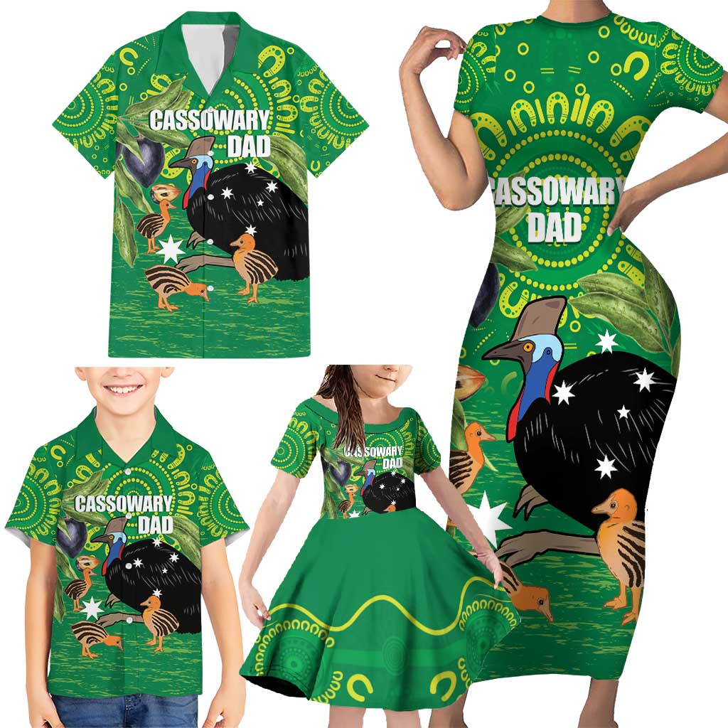 Personalised Australia Father's Day Family Matching Short Sleeve Bodycon Dress and Hawaiian Shirt Cassowary Dad Cerbera Floribunda Aboriginal Art