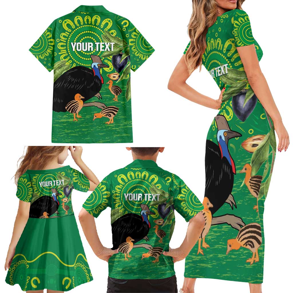 Personalised Australia Father's Day Family Matching Short Sleeve Bodycon Dress and Hawaiian Shirt Cassowary Dad Cerbera Floribunda Aboriginal Art