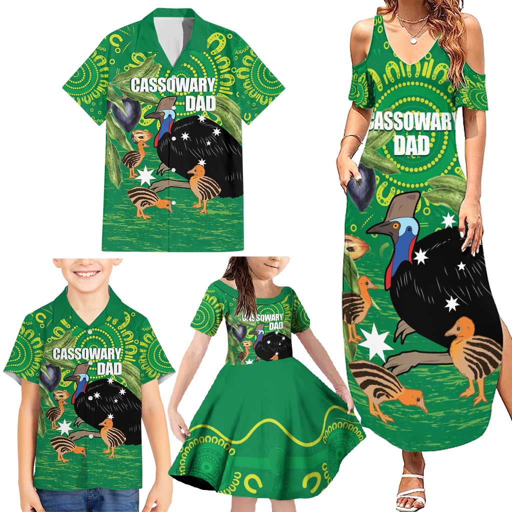 Personalised Australia Father's Day Family Matching Summer Maxi Dress and Hawaiian Shirt Cassowary Dad Cerbera Floribunda Aboriginal Art