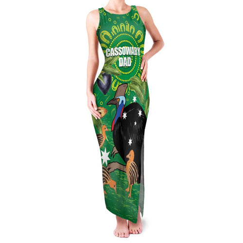 Personalised Australia Father's Day Family Matching Tank Maxi Dress and Hawaiian Shirt Cassowary Dad Cerbera Floribunda Aboriginal Art