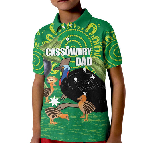 Personalised Australia Father's Day Kid Polo Shirt Cassowary Dad Cerbera Floribunda Aboriginal Art