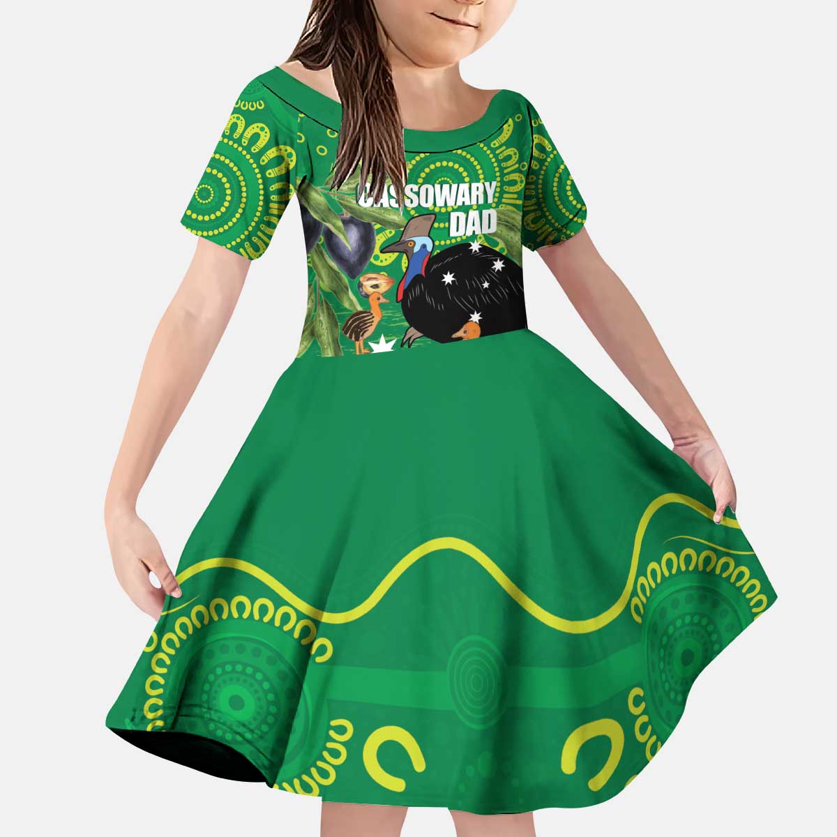 Personalised Australia Father's Day Kid Short Sleeve Dress Cassowary Dad Cerbera Floribunda Aboriginal Art