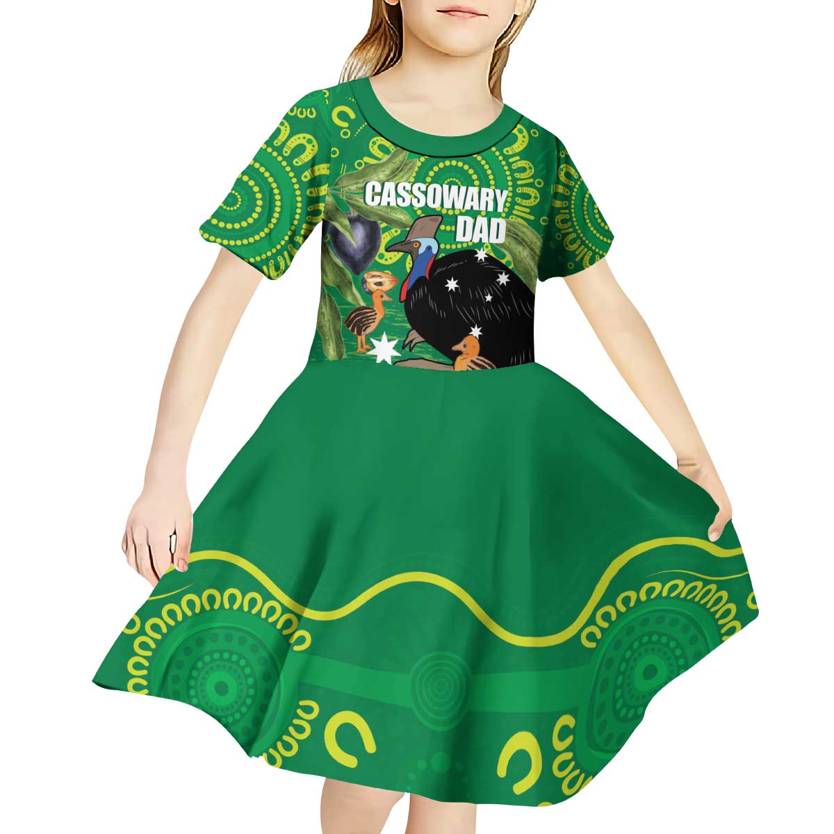 Personalised Australia Father's Day Kid Short Sleeve Dress Cassowary Dad Cerbera Floribunda Aboriginal Art