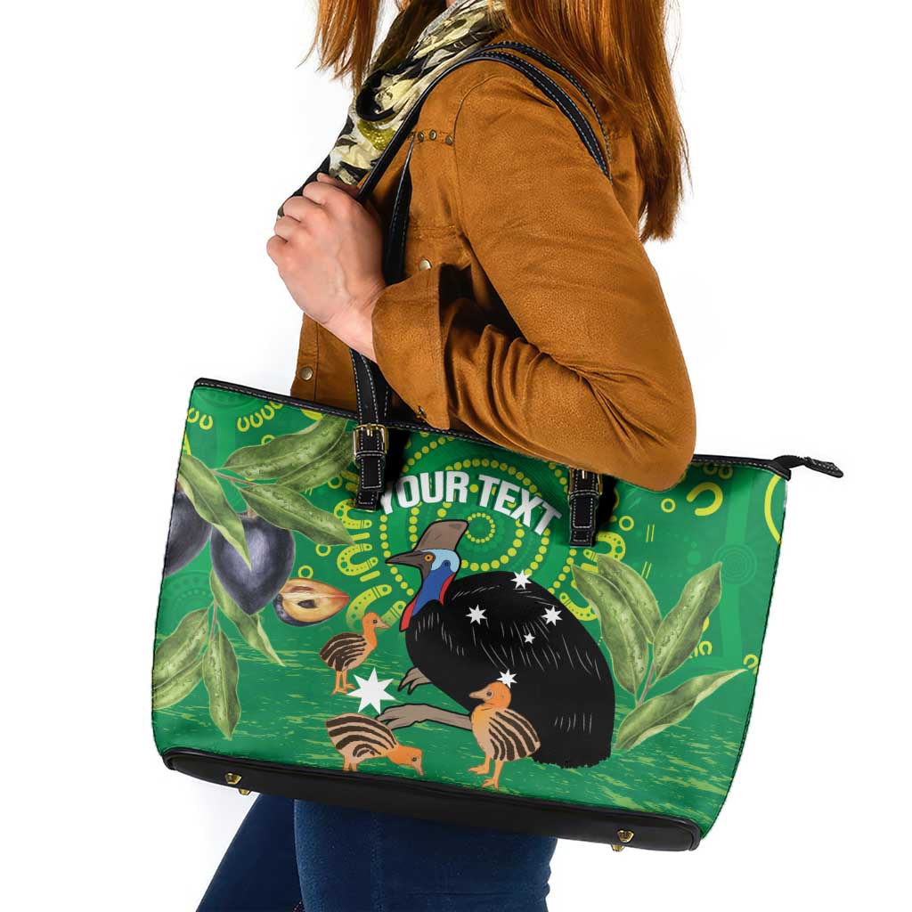 Personalised Australia Father's Day Leather Tote Bag Cassowary Dad Cerbera Floribunda Aboriginal Art