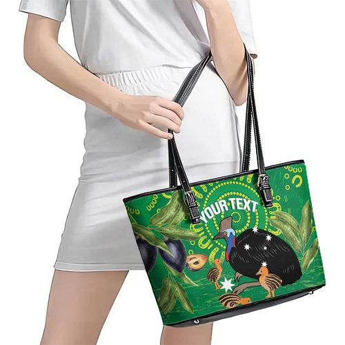 Personalised Australia Father's Day Leather Tote Bag Cassowary Dad Cerbera Floribunda Aboriginal Art