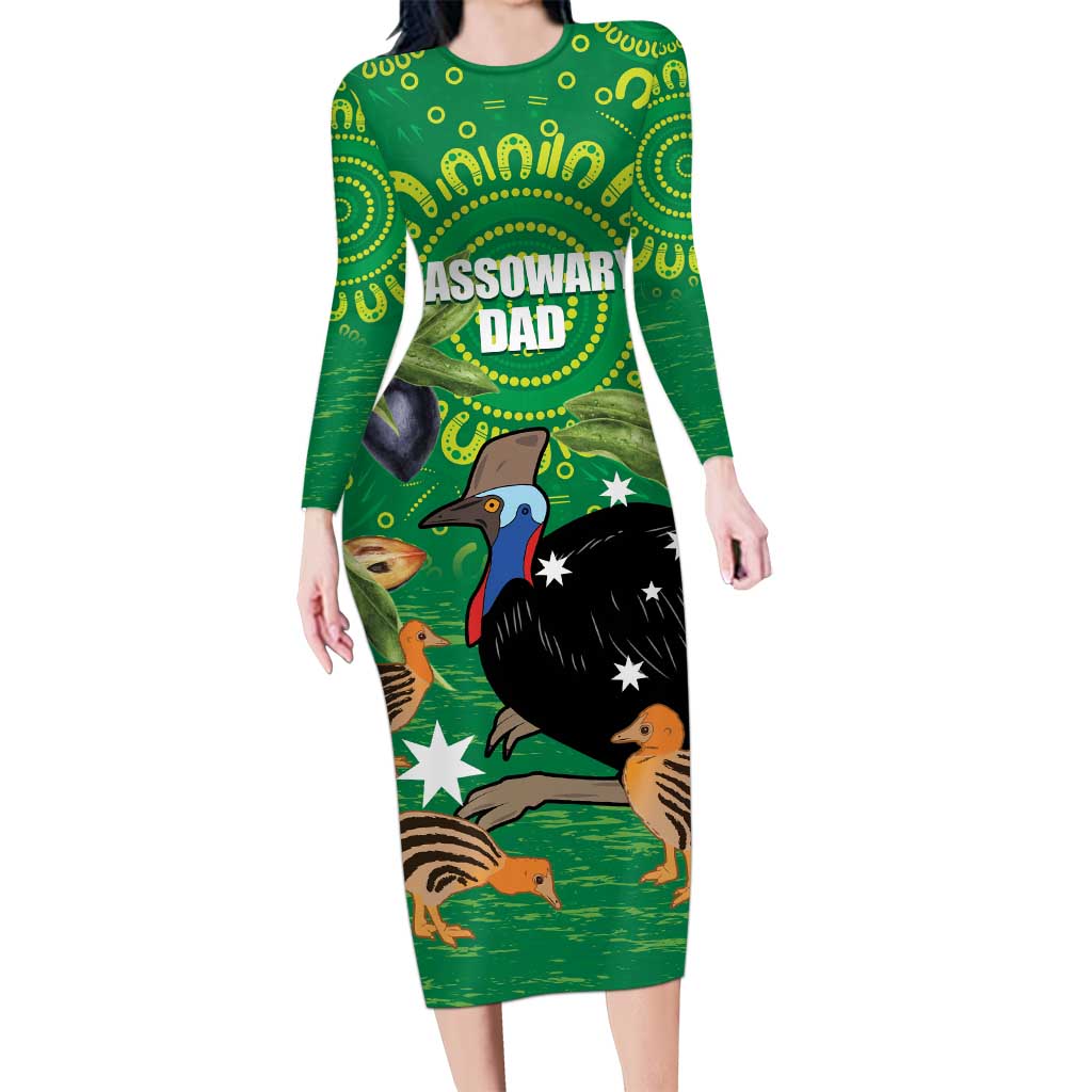 Personalised Australia Father's Day Long Sleeve Bodycon Dress Cassowary Dad Cerbera Floribunda Aboriginal Art