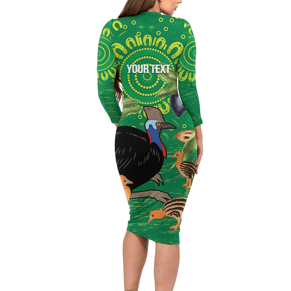 Personalised Australia Father's Day Long Sleeve Bodycon Dress Cassowary Dad Cerbera Floribunda Aboriginal Art