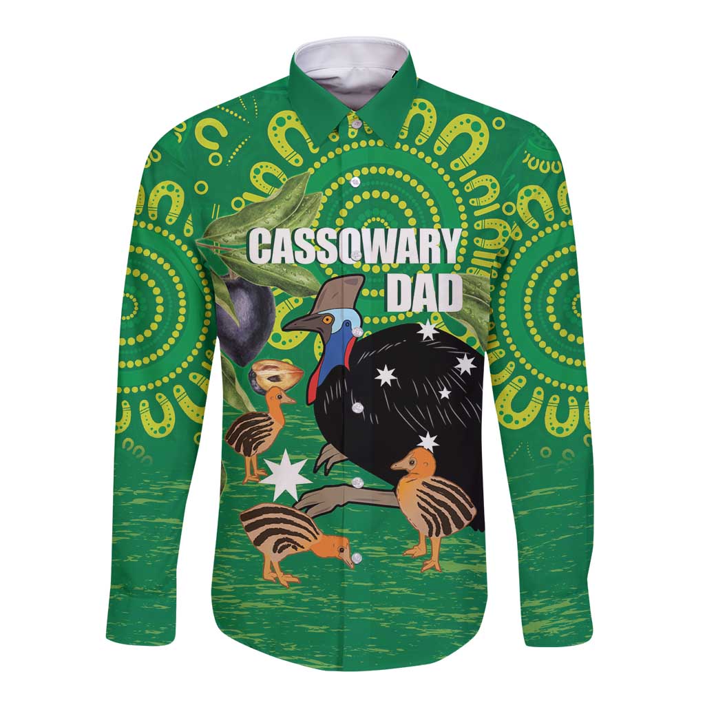 Personalised Australia Father's Day Long Sleeve Button Shirt Cassowary Dad Cerbera Floribunda Aboriginal Art